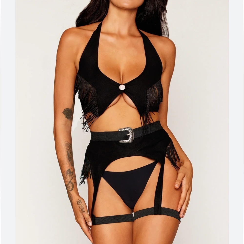 Brand New Dreamgirl Cowgirl Faux Suede Fringe Bralette & Garter Belt Set Black